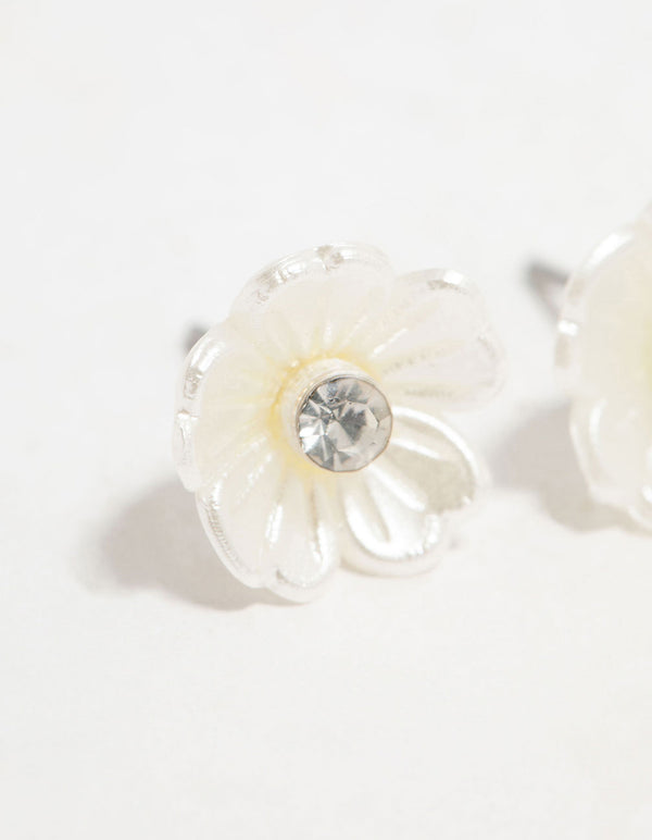 Silver White Flower Diamante Stud Earrings