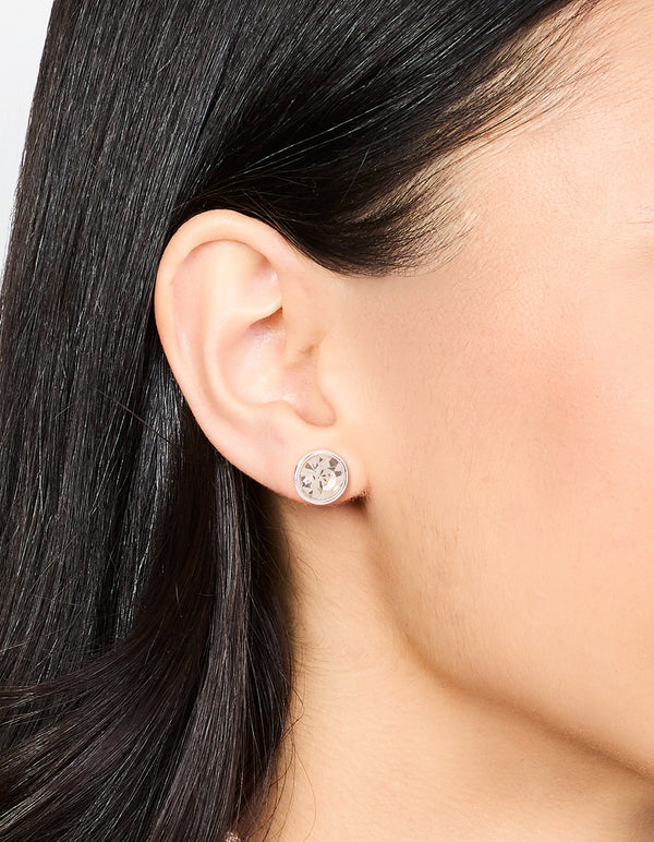 Silver Diamante With Frame Stud Earrings
