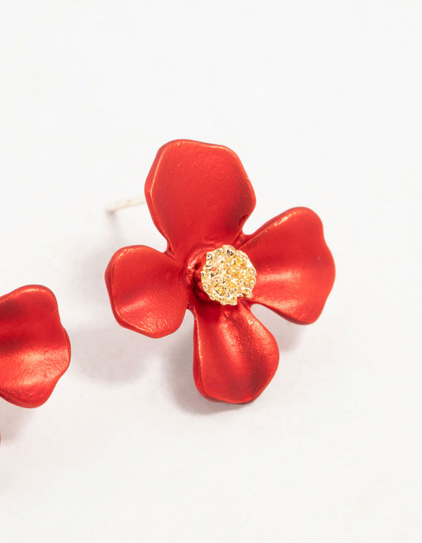 Gold Red Pearlised Flower Stud Earrings