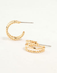Gold Twisted and Plain Triple Huggie Earrings - link has visual effect only