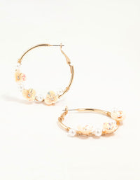Gold Pearl & Flower Hoop Earrings - link has visual effect only