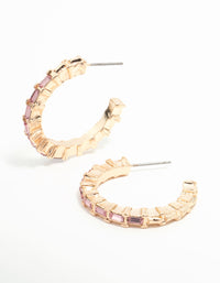 Gold Pink Baguette Diamante Hoop Earrings - link has visual effect only