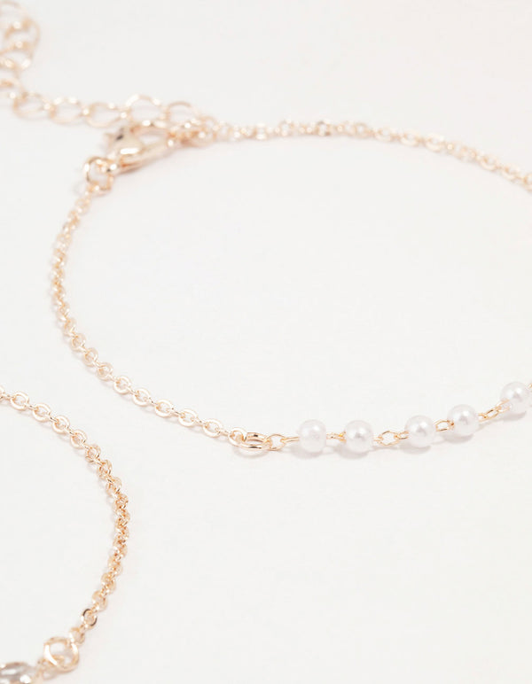 Rose Gold & Pearl Station Diamante Bracelets 2-Pack