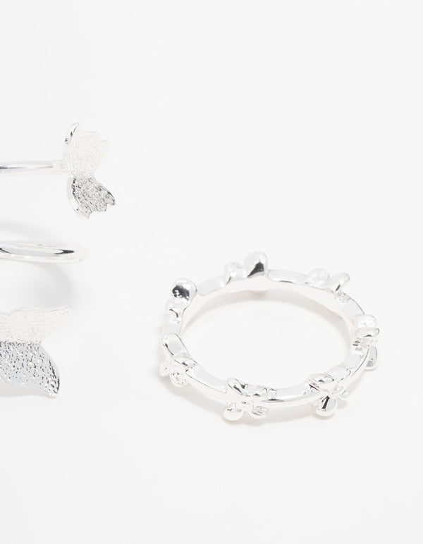 Silver Butterfly & Smooth Stacking Rings 3-Pack