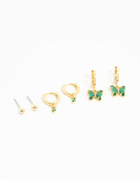 Gold Plated Green Cubic Zirconia Butterfly Earrings 3-Pack - link has visual effect only