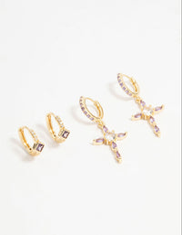 Gold Plated Lilac Cubic Zirconia Cross Huggie Earrings 2-Pack - link has visual effect only