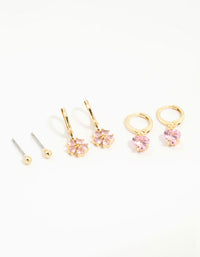 Gold Plated Pink Cubic Zirconia Flower & Heart Earrings 3-Pack - link has visual effect only