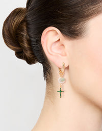 Gold Plated Green, Pearl & Cross Huggie Earrings - link has visual effect only