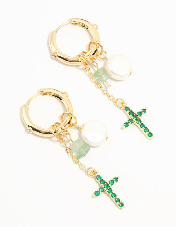 Gold Plated Green, Pearl & Cross Huggie Earrings