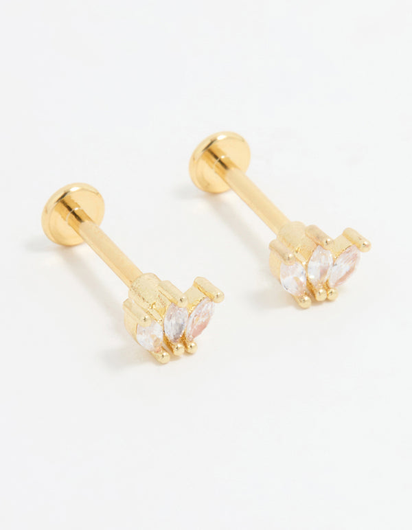 Gold Plated Surgical Steel Cubic Zirconia Marquise Flat Back Pair
