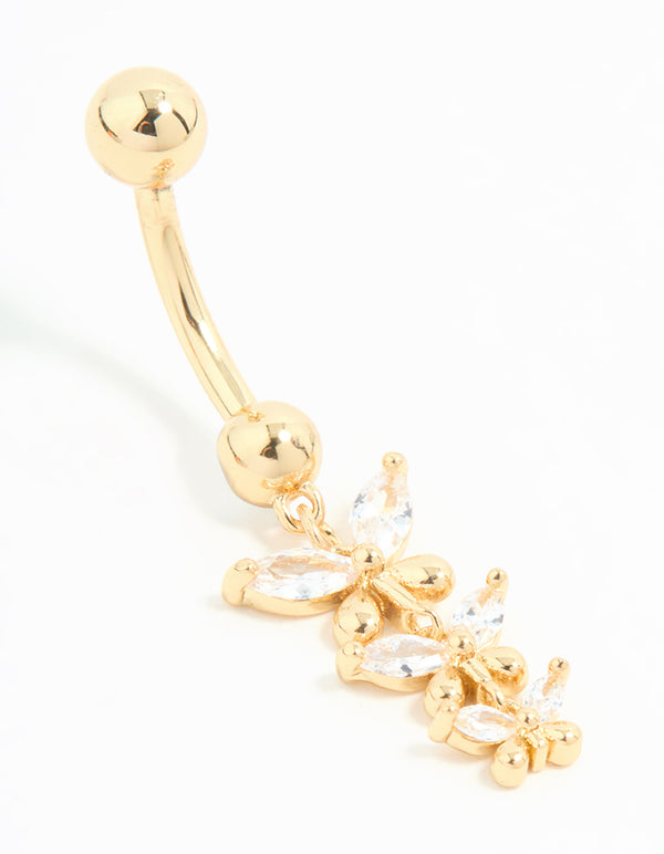 Gold Plated Titanium Cubic Zirconia Butterfly Trio Belly Bar