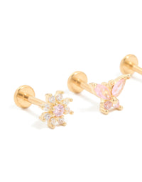 Gold Plated Titanium Pink Cubic Zirconia Butterfly & Flower Flat Back Studs 3-Pack - link has visual effect only