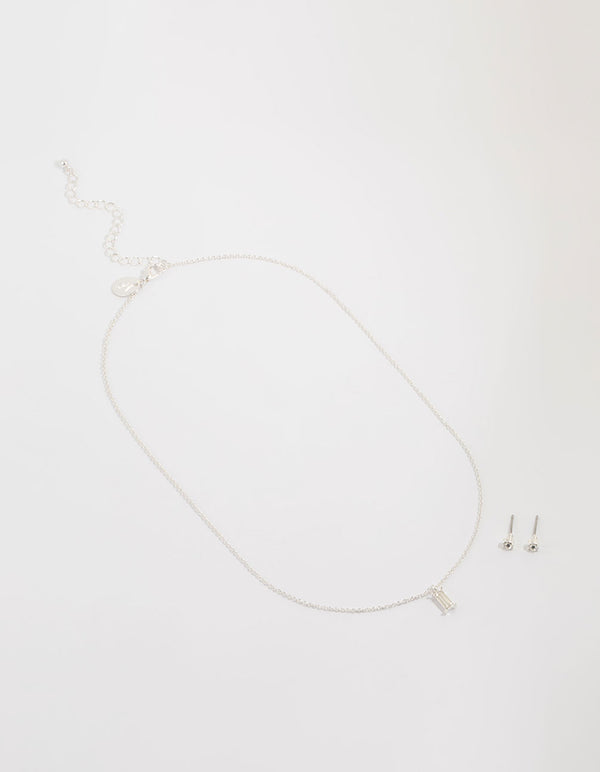 Silver Plated Baguette Diamante Necklace & Stud Earrings Set