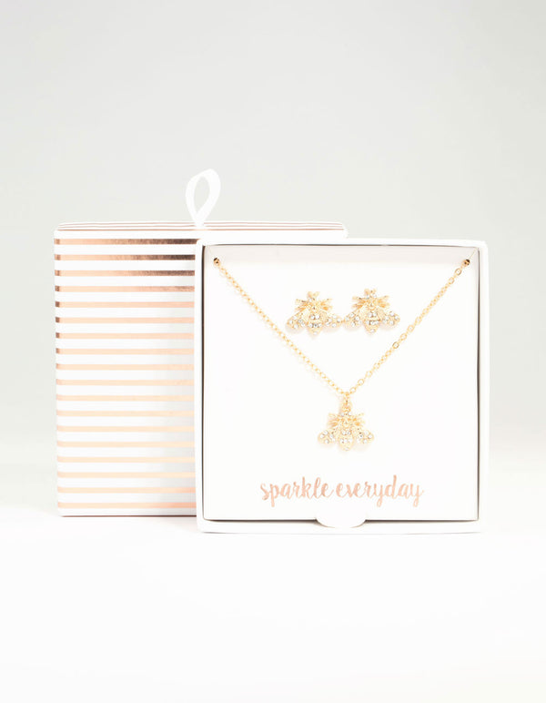 Gold Diamante Bee Necklace & Stud Earrings Set