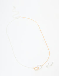 Mixed Metals Linked Circle Necklace & Stud Earrings Set - link has visual effect only