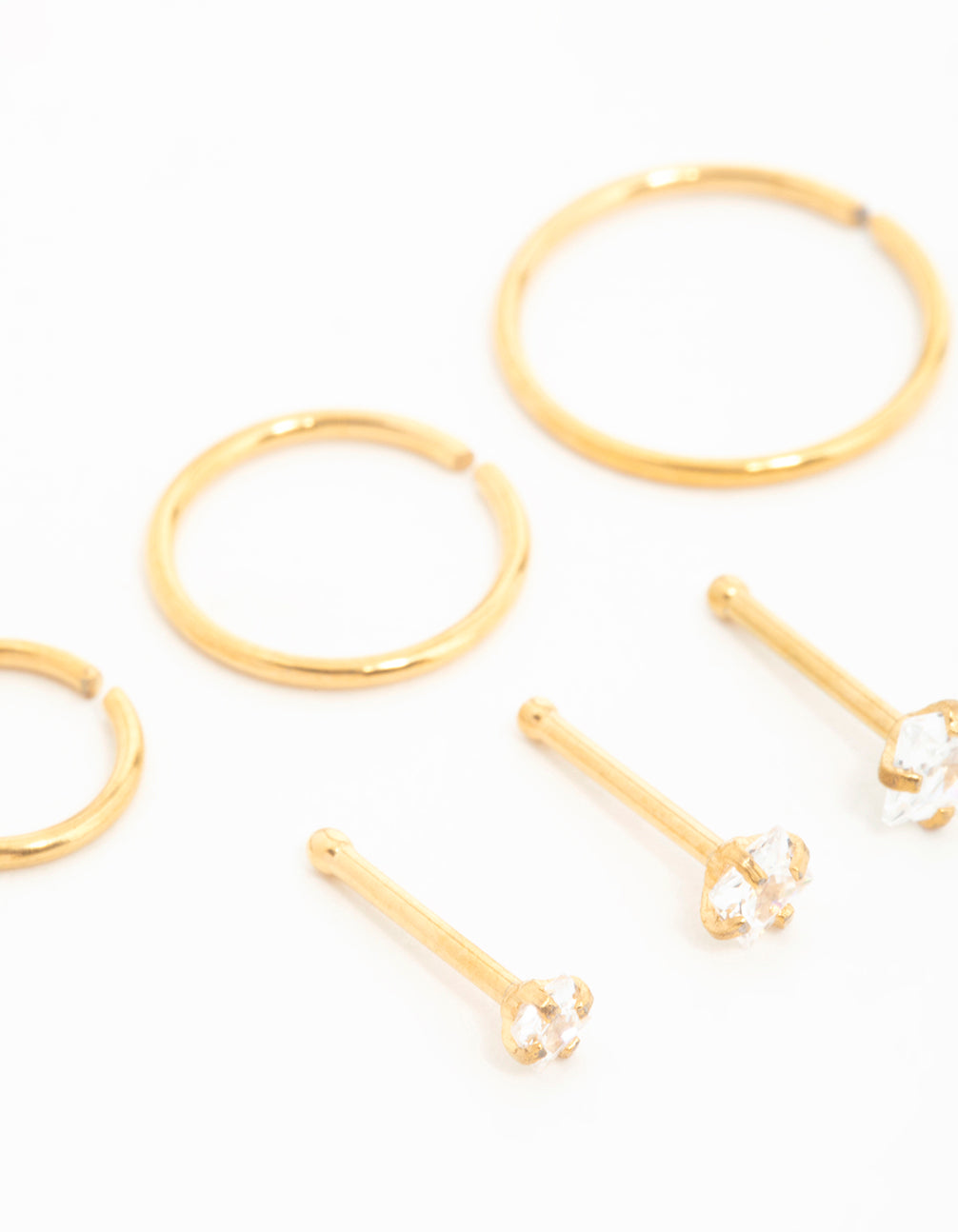 Gold Plated Surgical Steel Cubic Zirconia Stud & Hoop Nose Piercings 6-Pack