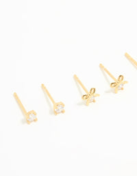 Gold Plated Sterling Silver Bow & Sleek Earrings 3-Pack - link has visual effect only