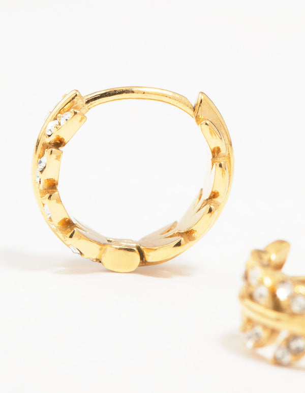 Gold Plated Surgical Steel Diamante Leaf Huggie Earrings