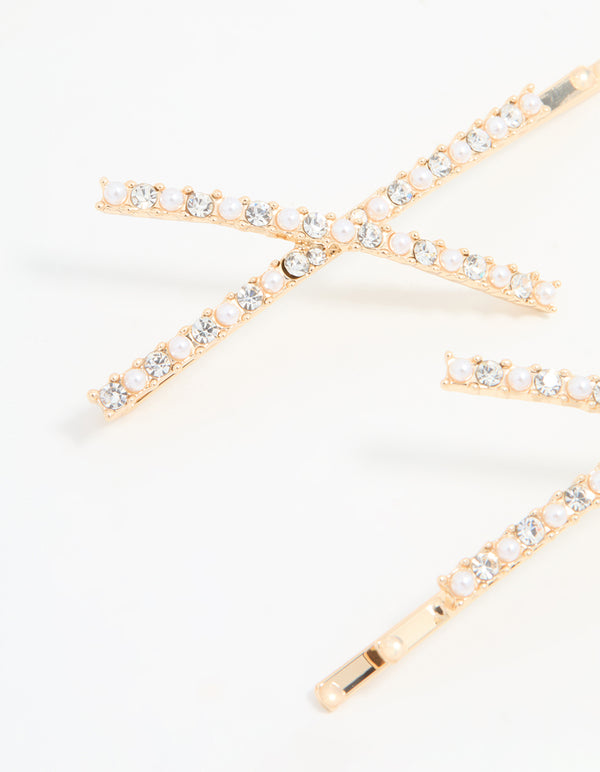 Gold Acrylic & Pearl Crossover Hair Slides 2-Pack