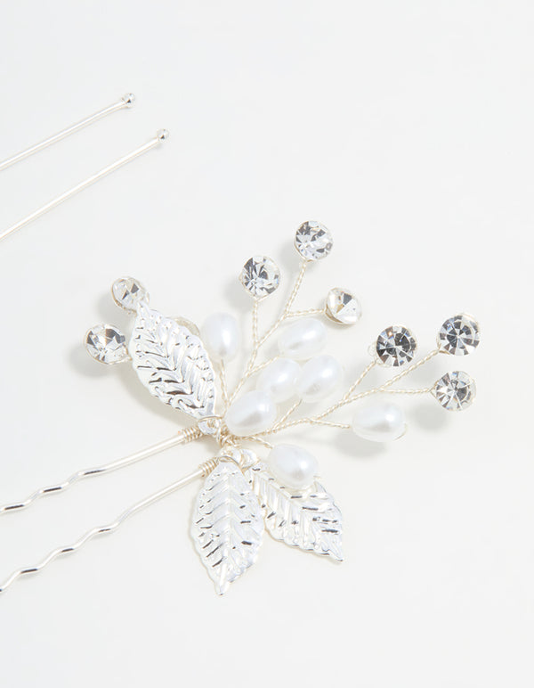 Silver Leaf Pearl & Diamante Bobby Pins 2-Pack