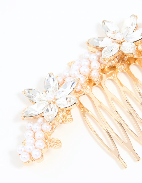 Rose Gold Diamante & Pearl Flower Comb