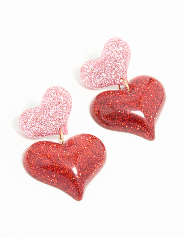 Silver Red & Pink Bubble Heart Drop Earrings