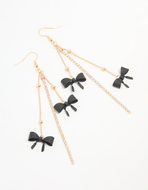 Gold Black Bow Chain Drop Earrings