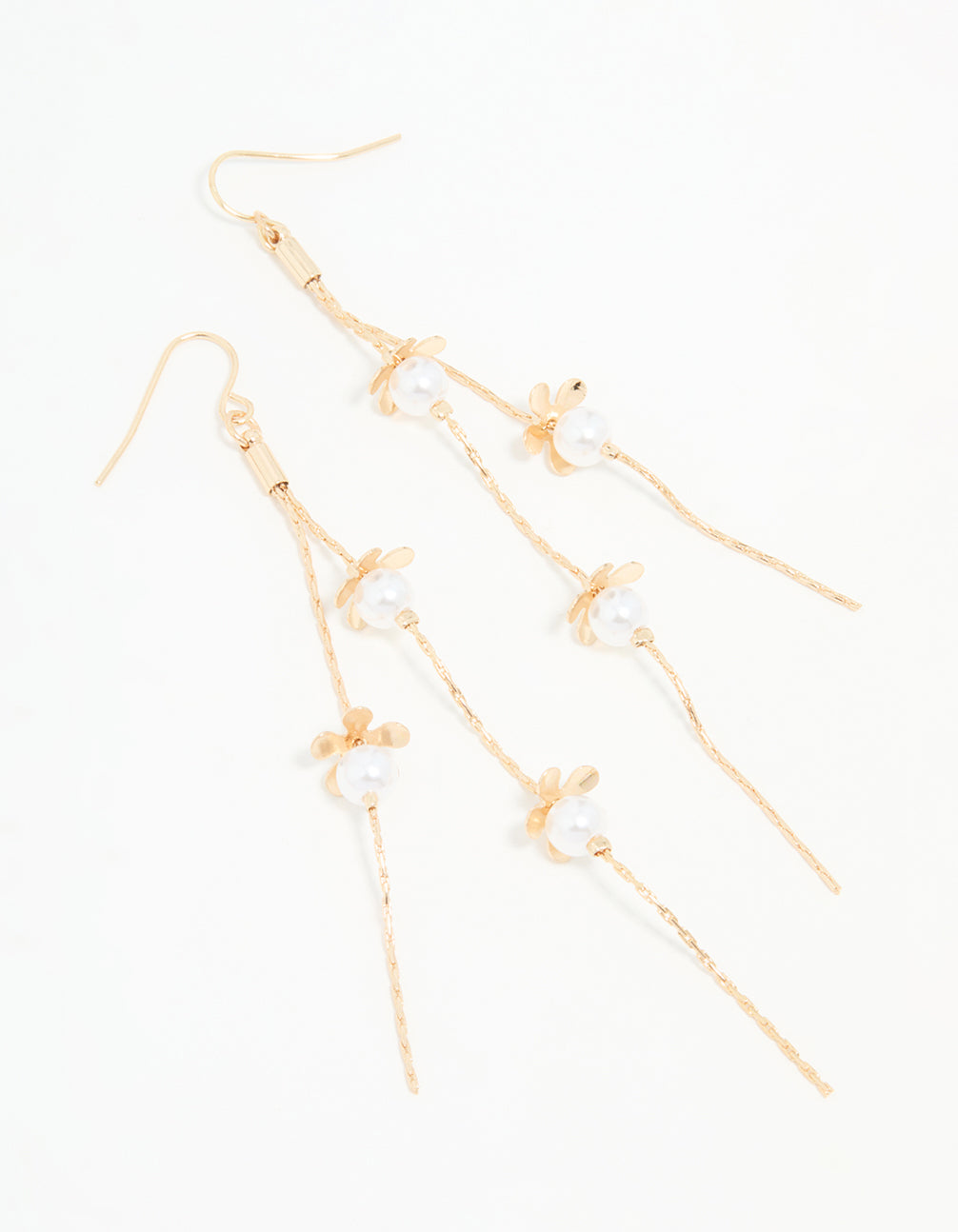 Gold Pearl Flower Chain Drop Earrings