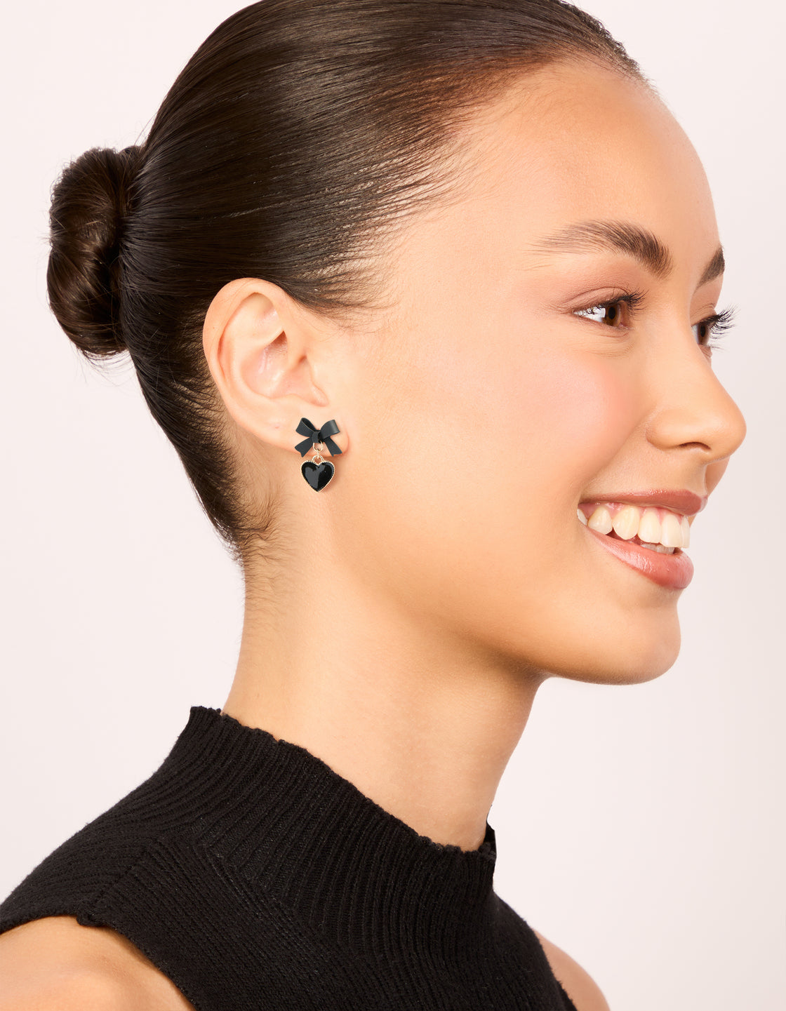 Gold Black Coated Metal Bow Drop Heart Stud Earrings