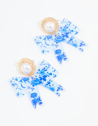 Gold Pearl Blue Bow Stud Earrings - link has visual effect only