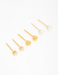 Gold Plated Surgical Steel Small Pearl & Cubic Zirconia Stud Earrings 3-Pack - link has visual effect only