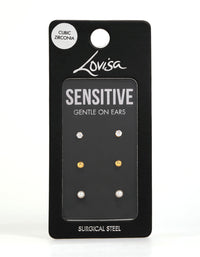 Gold Plated Surgical Steel Small Pearl & Cubic Zirconia Stud Earrings 3-Pack - link has visual effect only