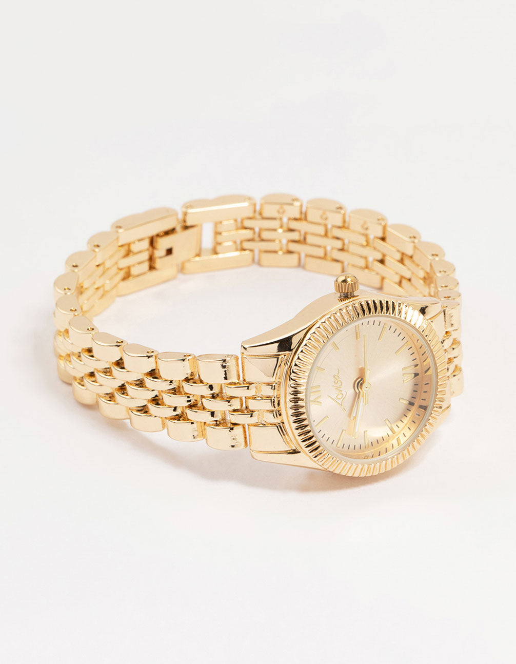 Showcasing a small round watch with gold tone dial featuring roman numerals and link band strap in gold designed for women formal occasions front view