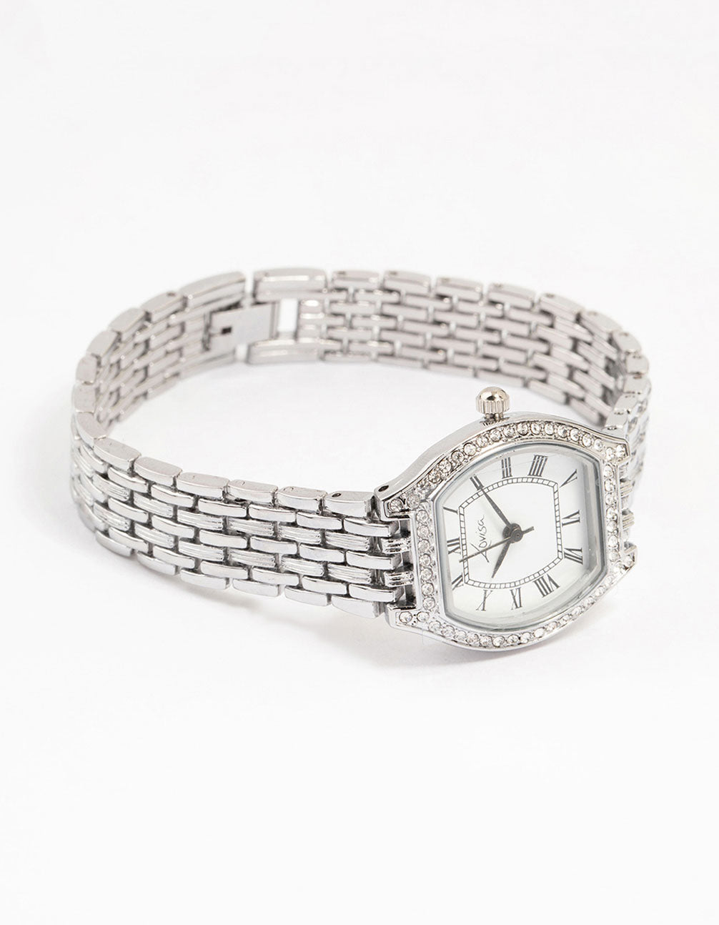 Sophisticated diamante timepiece showcasing with white dial, roman numeral look, women's formal analog design, and link band in silver front view