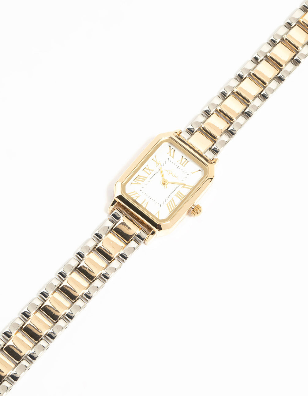 This women's formal analog watch features a white roman dial in a rectangle shape with a link-band strap in multi-color mixed metals crafted from gold and silver watch face detail view
