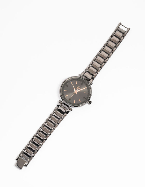 Black Coated Metal Diamante Round Watch