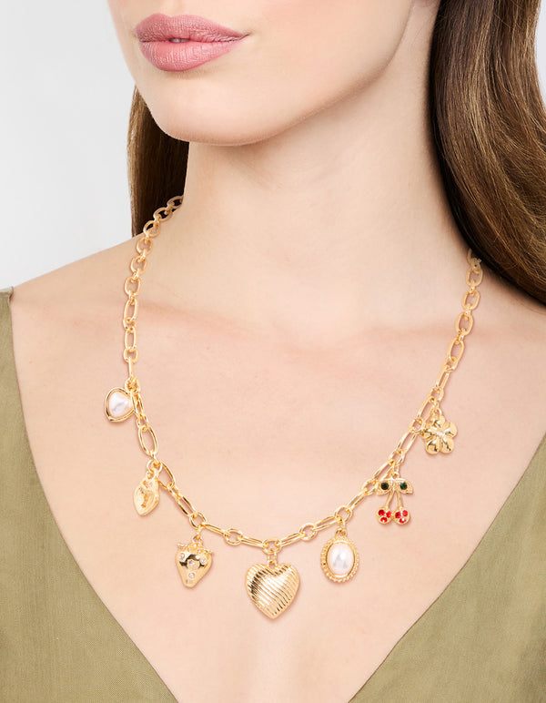 Gold Plated Heart & Cherry Charm Necklace