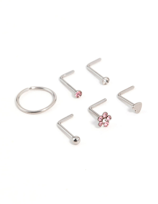 Surgical Steel Cubic Zirconia Flower & Heart Nose Piercing 6-Pack