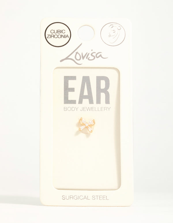 Gold Plated Surgical Steel Cubic Zirconia Bow Flat Back Stud