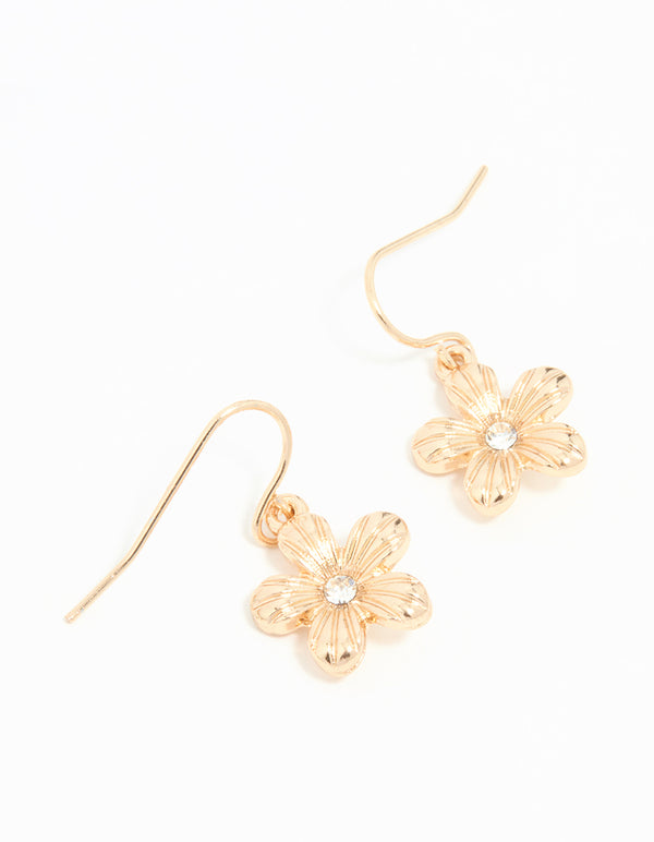 Gold Diamante Flower Drop Earrings