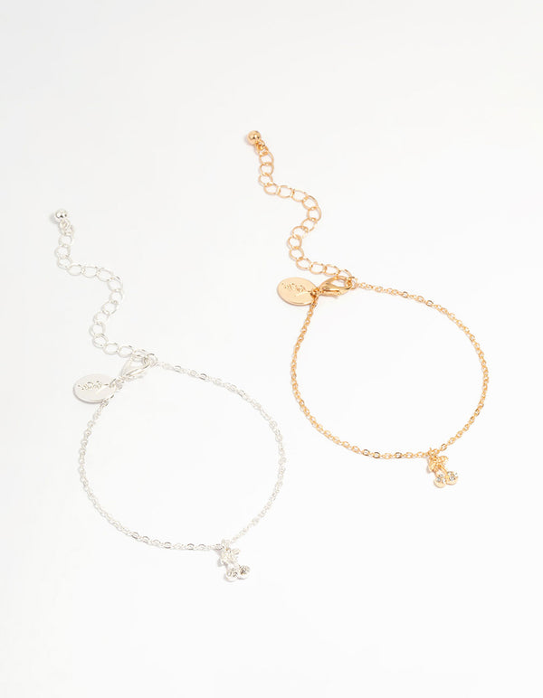 Mixed Metal Diamante Cherry Bracelets 2-Pack