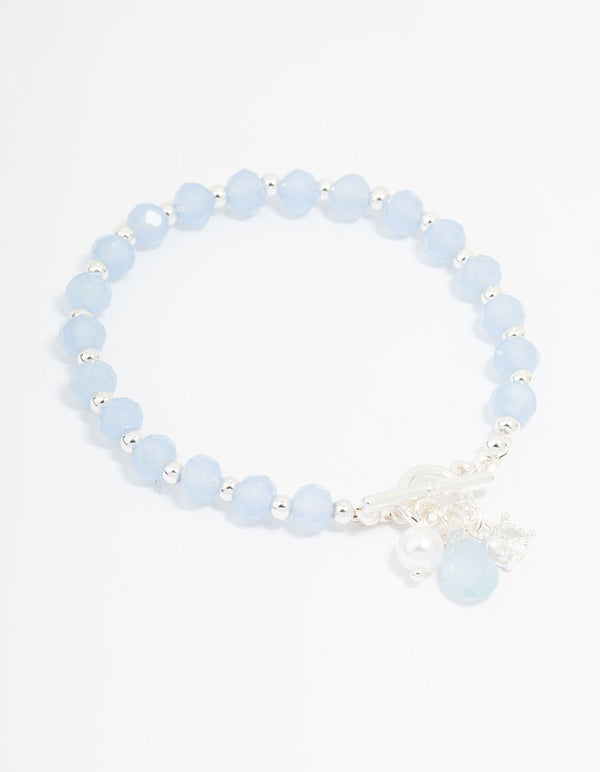 Silver Pearl & Diamante Blue Beaded Bracelet