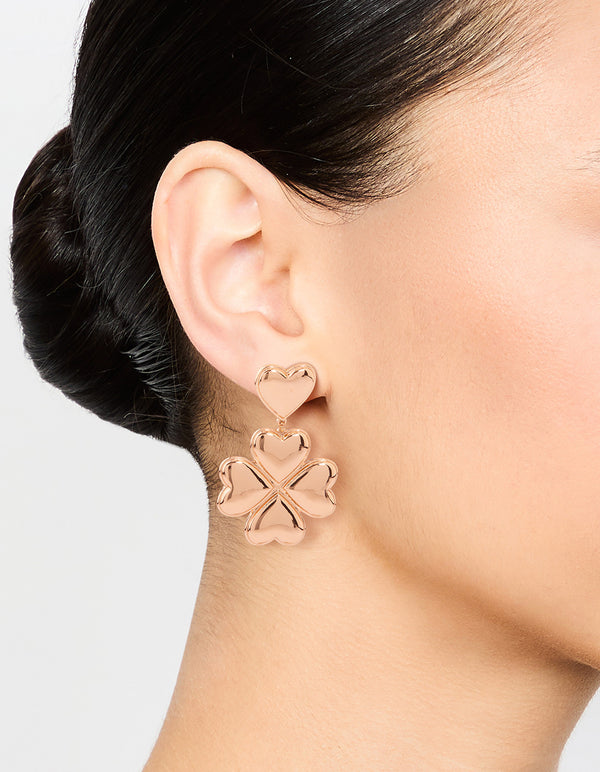 Gold Heart Clover Drop Earrings