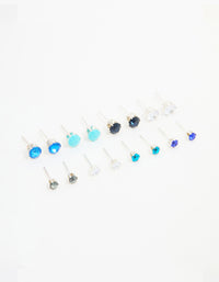 Silver Blue Diamante Stud Earrings 8-Pack - link has visual effect only