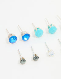 Silver Blue Diamante Stud Earrings 8-Pack - link has visual effect only