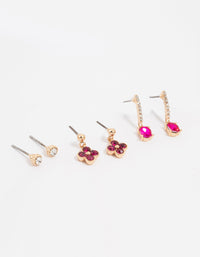 Gold Pink Diamante Clover Stud Earrings 3-Pack - link has visual effect only
