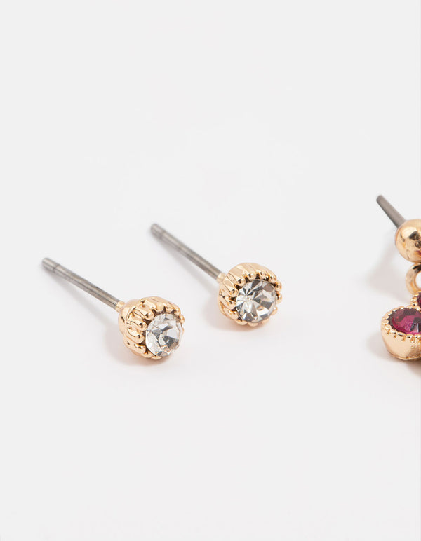 Gold Pink Diamante Clover Stud Earrings 3-Pack