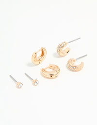 Gold Diamante Stud & Huggie Earrings 3-Pack - link has visual effect only