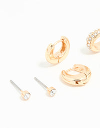 Gold Diamante Stud & Huggie Earrings 3-Pack - link has visual effect only
