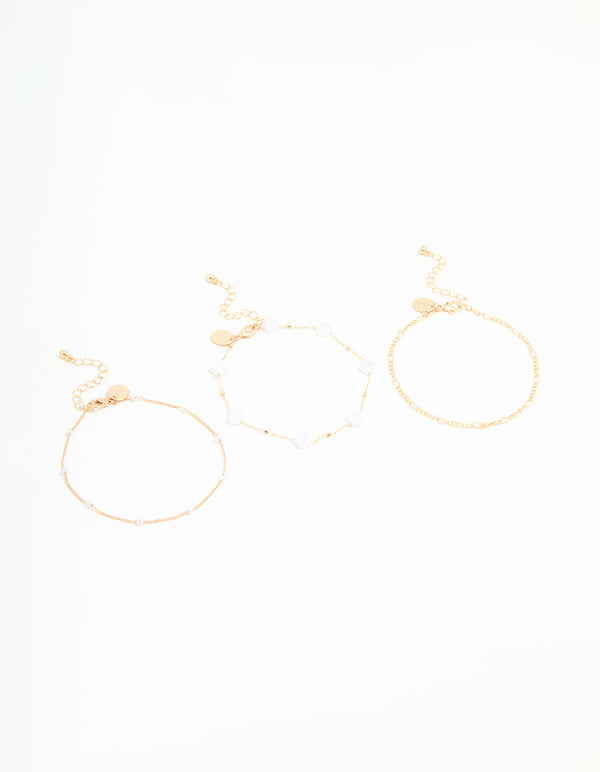 Gold Pearl Chain Anklets 3-Pack